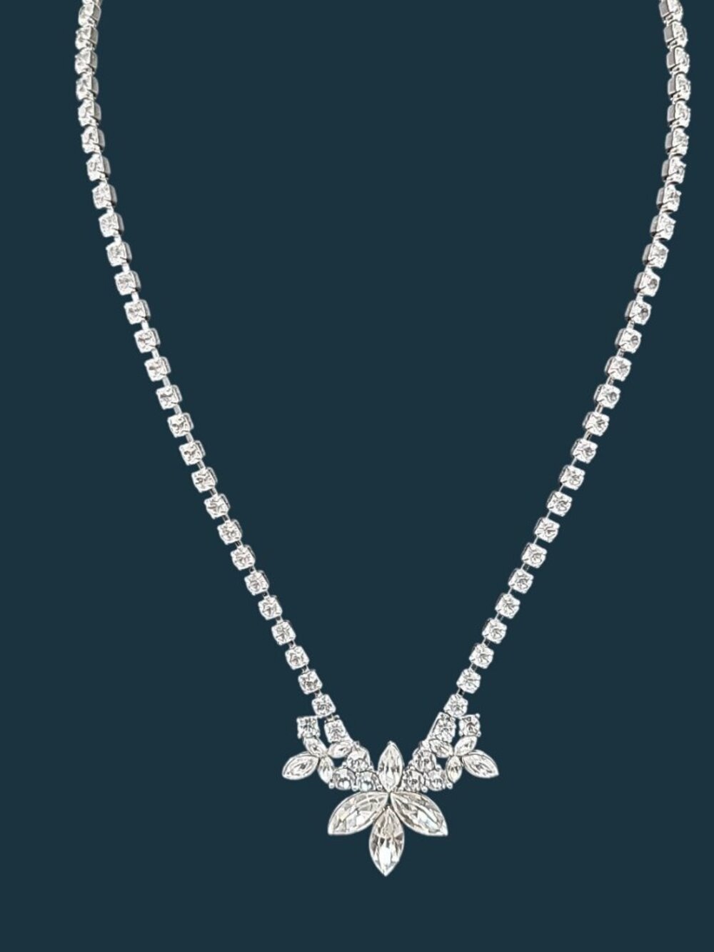 VTG Monet Signed Rhinestone Crystal Floral Tennis Necklace Silver Tone Statement